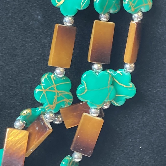 Green Brown Gold Flower Bead Necklace 18" 3" Extender - Picture 8 of 13